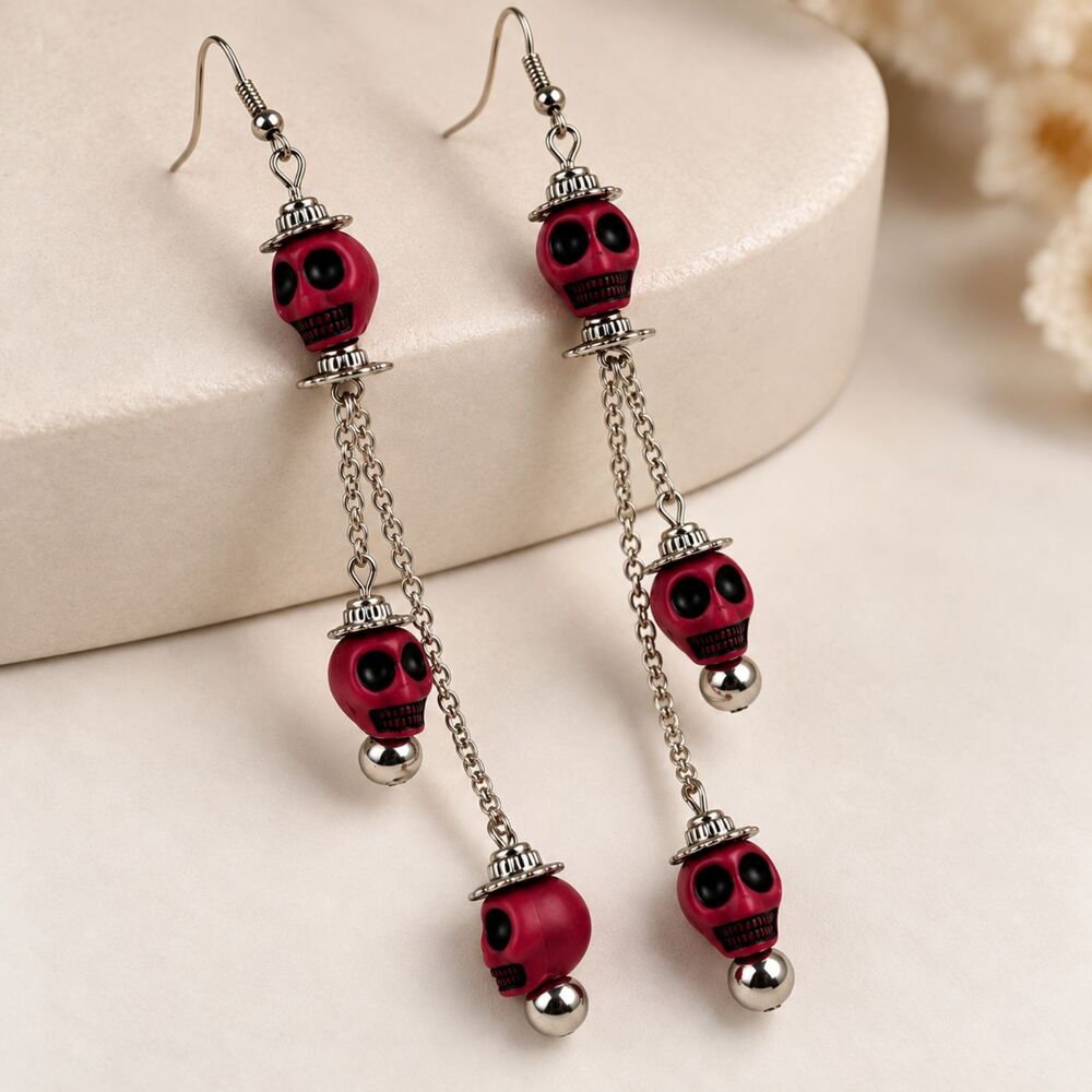 Pink Long Dangle Earrings 5 Inch Tiered Halloween Gothic Drop Jewelry